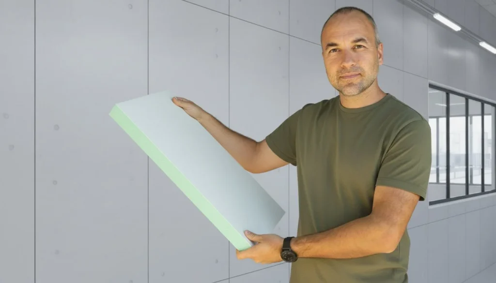 Man holding a sample of a composite sandwich panel.
