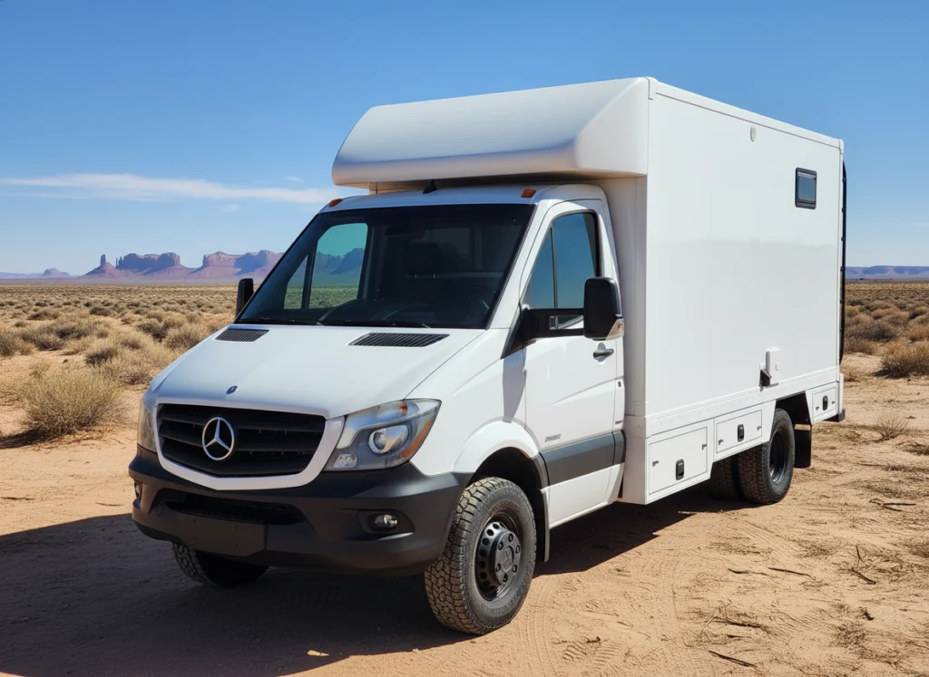 Mercedes-Benz van with a composite box body parked in the desert.