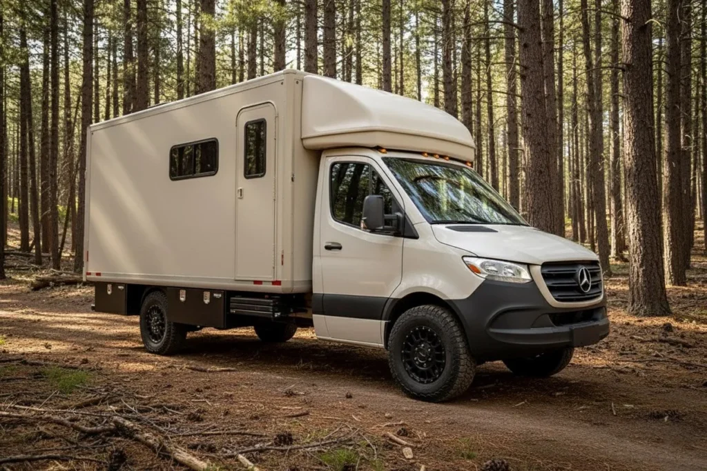 Mercedes-Benz camper van with a composite body on a forest trail.