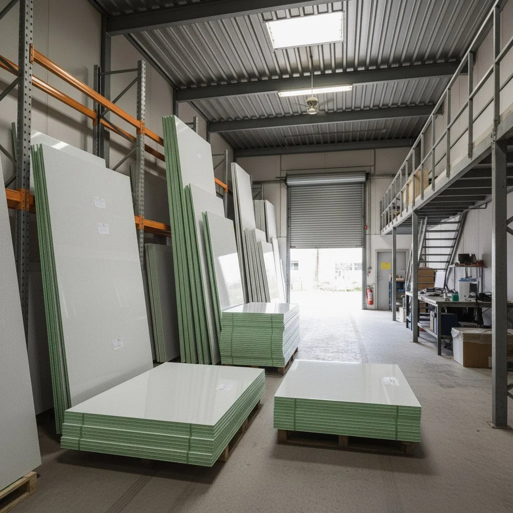 Stacks of large composite panels in a warehouse.