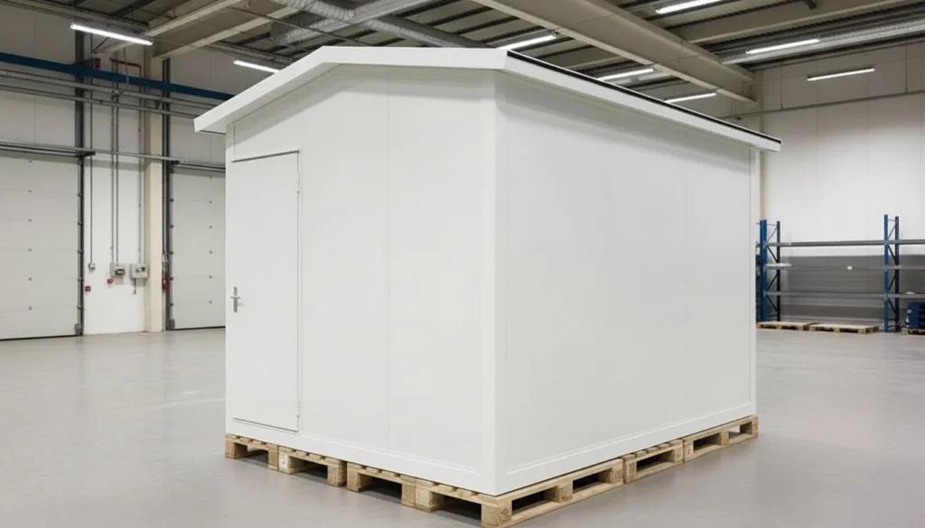 Small composite tiny home structure inside a warehouse.